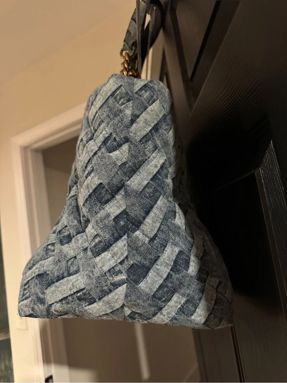 Large Kurt Geiger Quilted Blue Denim Tote with Gold Chain Handles
